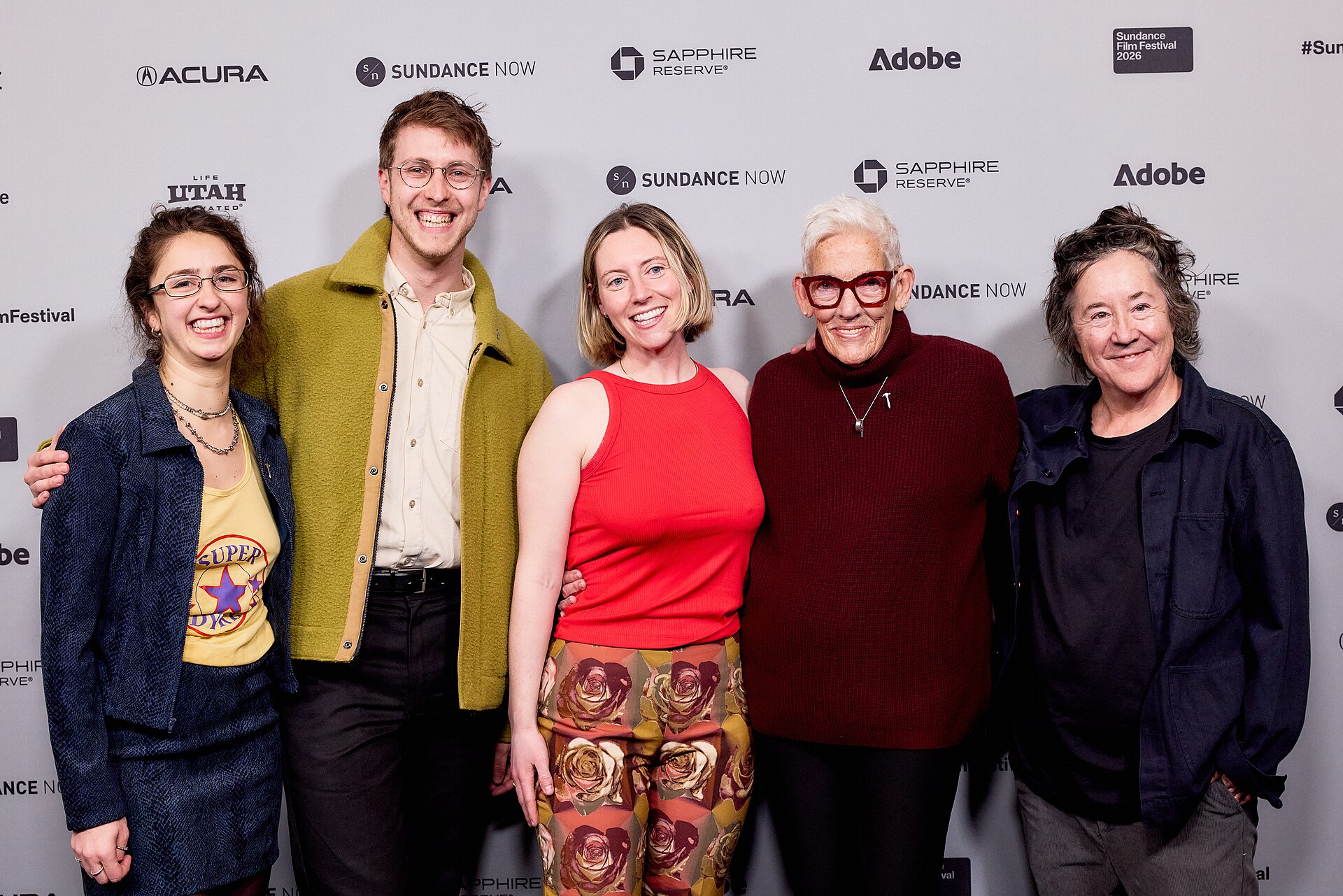 Claire Edelman, Elijah Stevens, Brydie O'Connor,  Florrie Burke, and Christine Vachon at the 2026 Sundance Film Festival for Barbara Forever