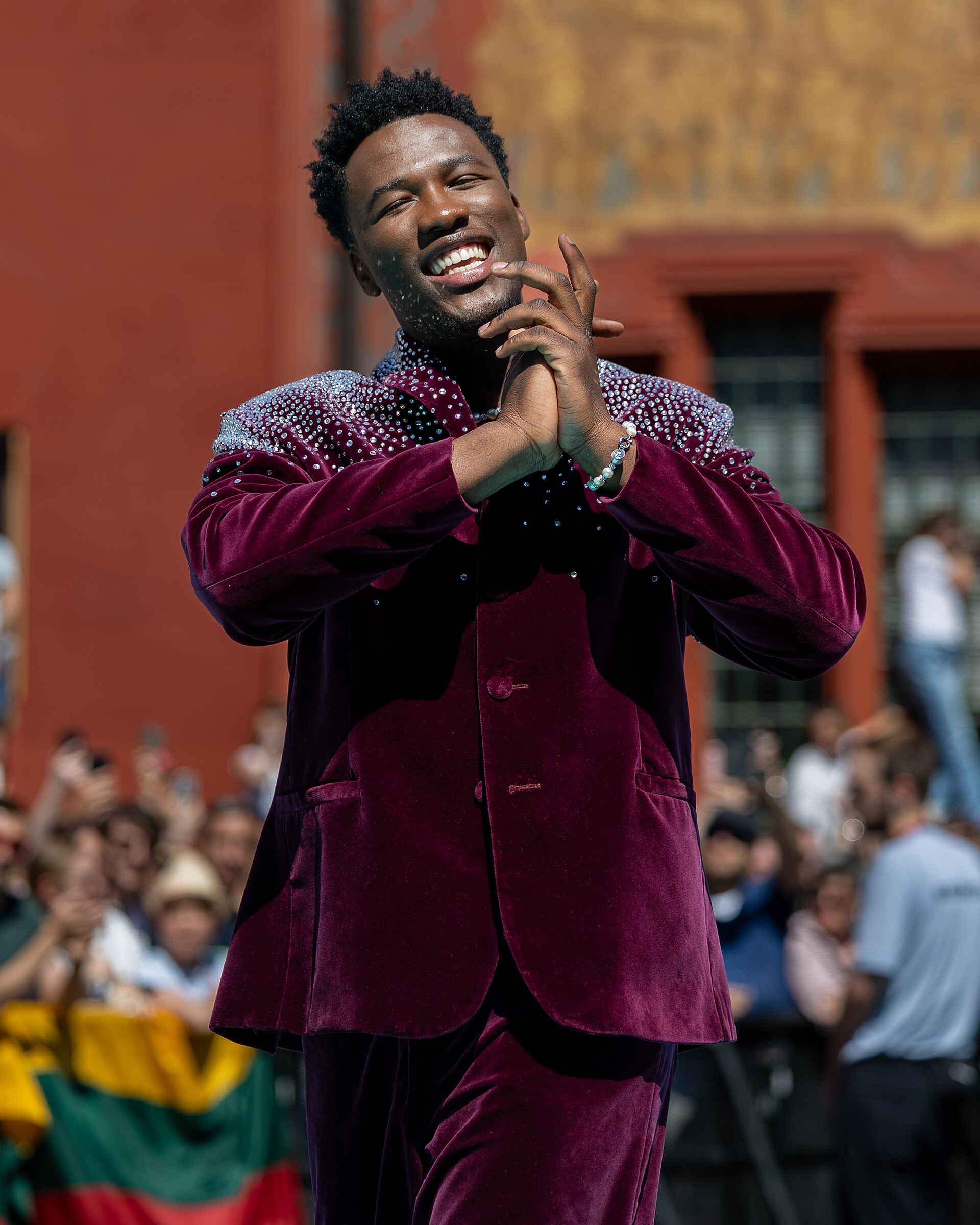 Claude, representing Netherlands, on the Turquoise Carpet at Eurovision 2025 in Basel, Switzerland.