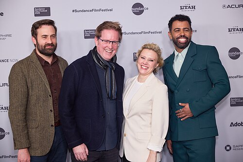 Colby Day, Andrew Stanton, Kate McKinnon and Daveed Diggs at the 2026 Sundance Film Festival for In the Blink of an Eye