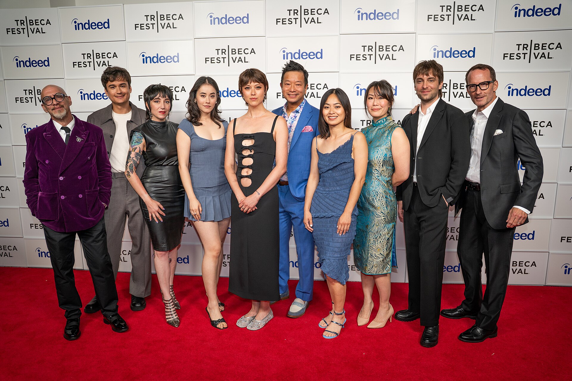 Craig Coletta, Corbett Blair, Melissa LaMartina, Laura Hetherington, Chelsie Pennello, Michael Tow, An-Phuong Ly, May Chen, Robin Groulx, and Ian Lyons at a 2025 Tribeca Film Festival red carpet in New York City for the film Cherry-Colored Funk.