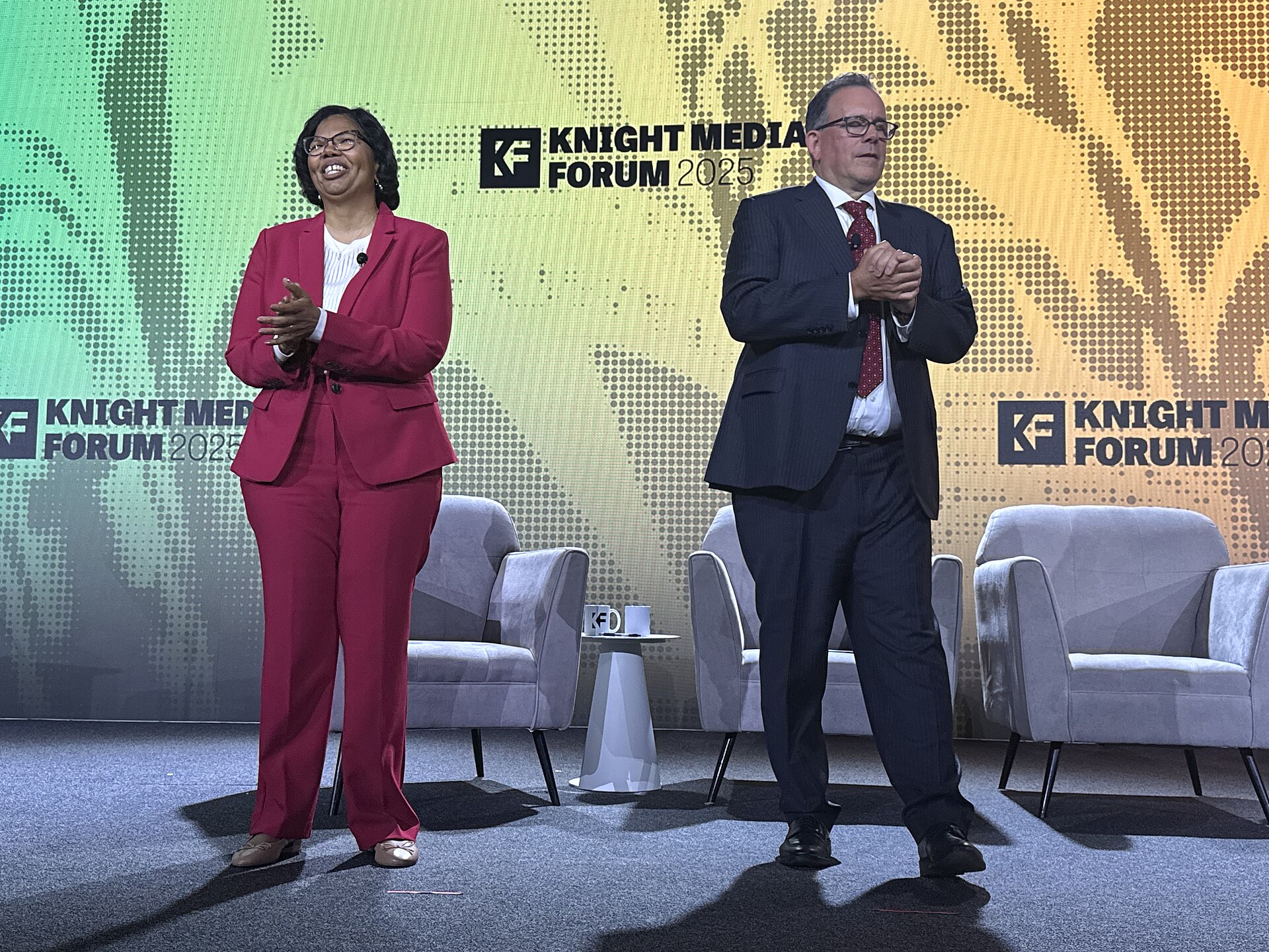 Dale Robinson Anglin and Jim Brady speaking at the 2025 Knight Media Forum in Miami, Florida in February 2025