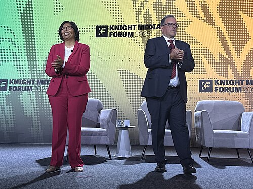 Dale Robinson Anglin and Jim Brady speaking at the 2025 Knight Media Forum in Miami, Florida in February 2025