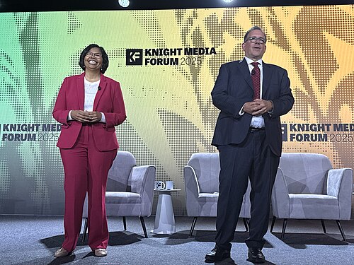 Dale Robinson Anglin and Jim Brady speaking at the 2025 Knight Media Forum in Miami, Florida in February 2025