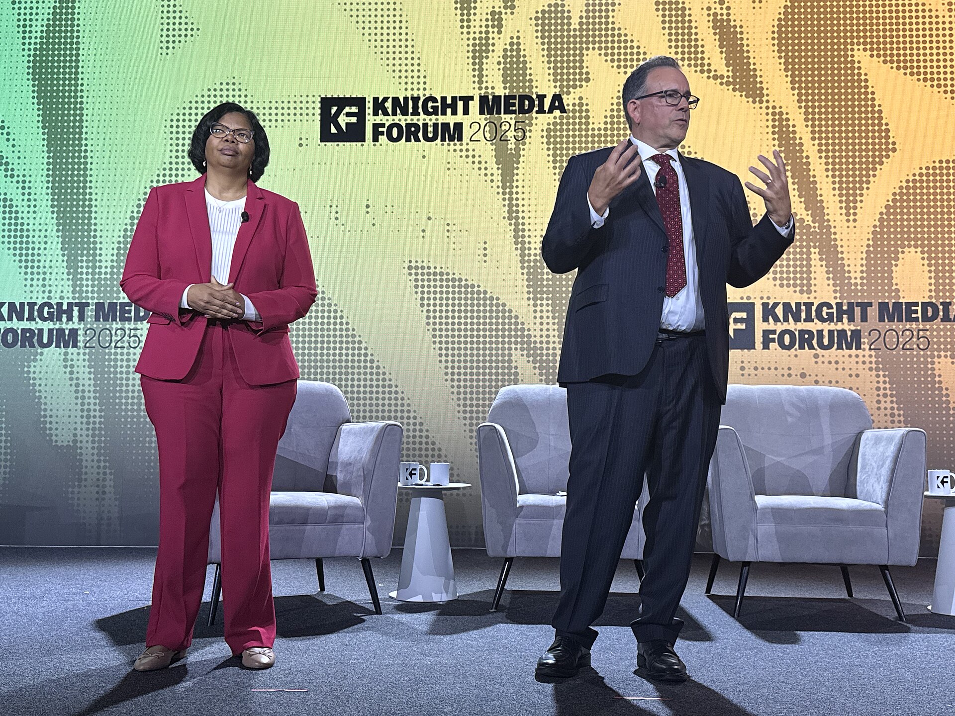 Dale Robinson Anglin and Jim Brady speaking at the 2025 Knight Media Forum in Miami, Florida in February 2025