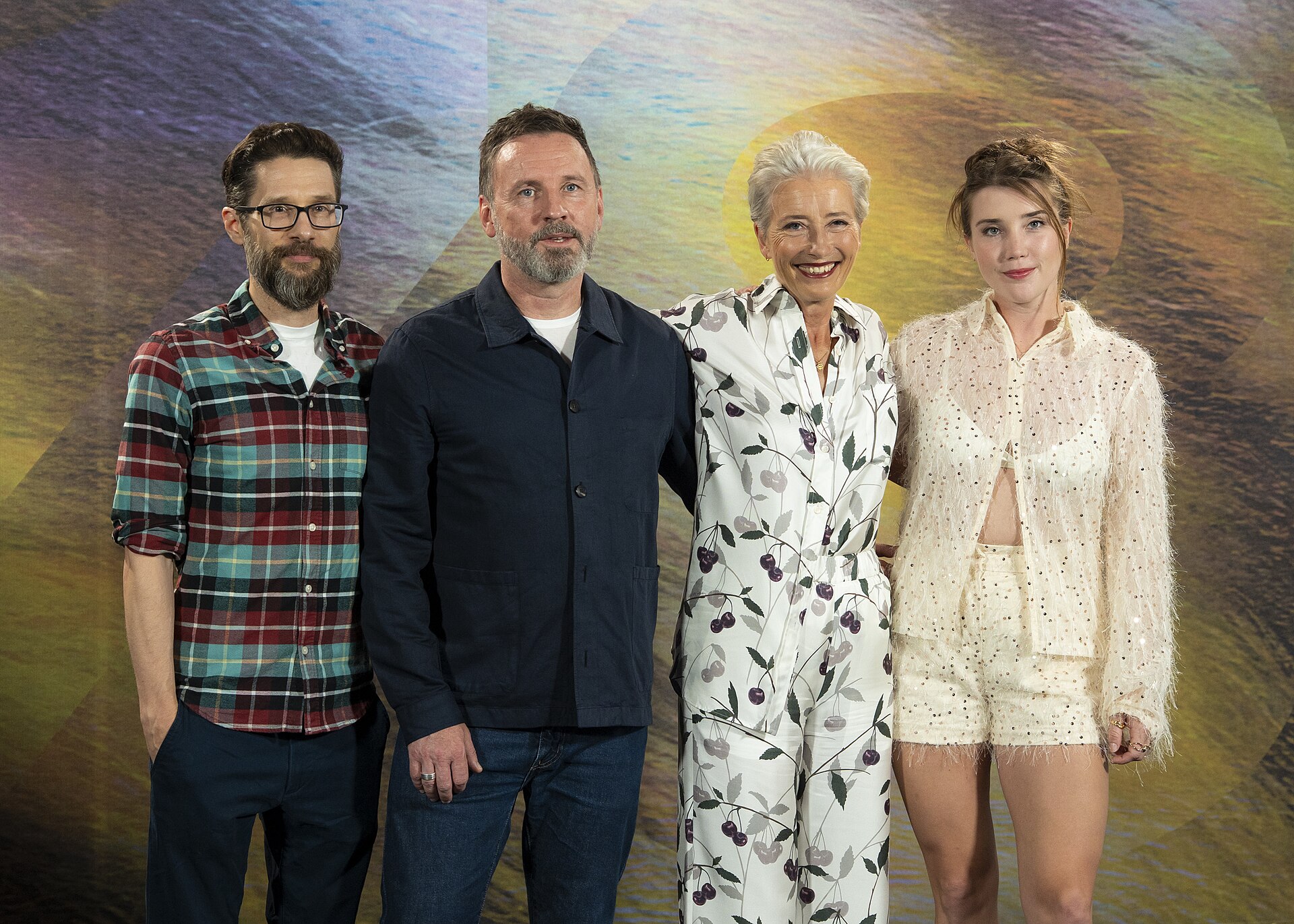 Dalton Leeb, Brian Kirk, Emma Thompson and Gaia Wise at the 78th Locarno Film Festival photocall for Dead of Winter