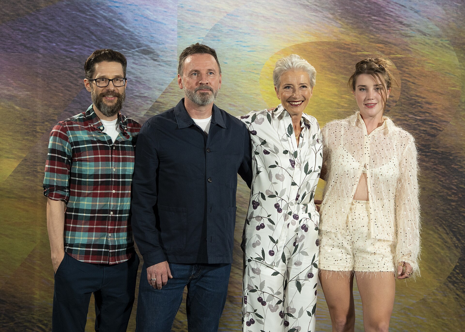 Dalton Leeb, Brian Kirk, Emma Thompson and Gaia Wise at the 78th Locarno Film Festival photocall for Dead of Winter