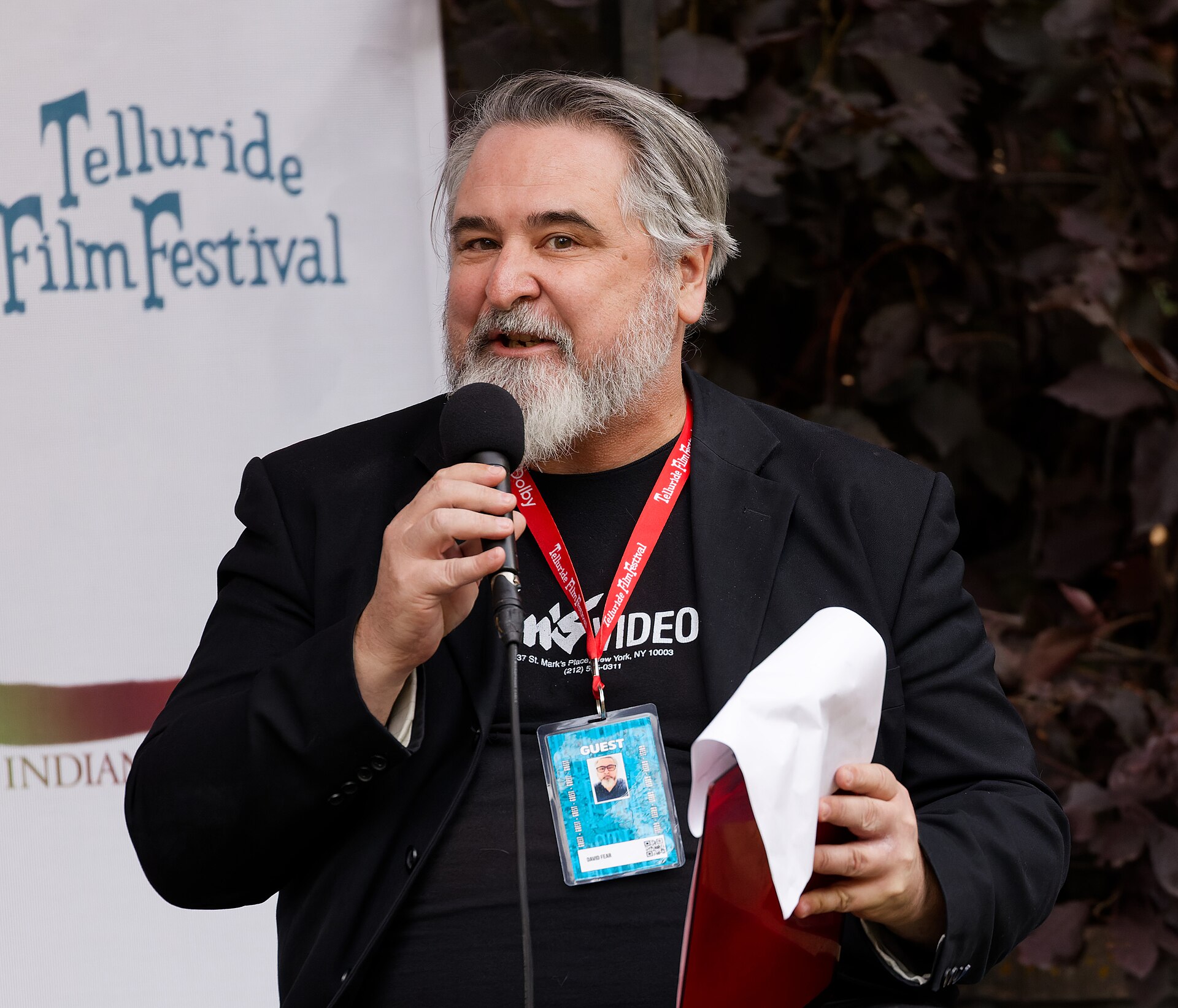 David Fear at the 2024 Telluride Film Festival, moderating a discussion with Arthur Bradford, Trey Parker, and Matt Stone of the documentary ¡Casa Bonita Mi Amor!.