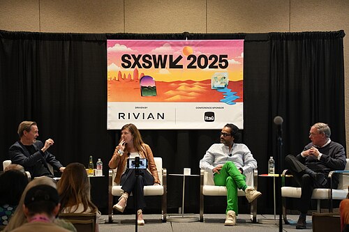 David McCauley, Haley Lowry, Ambarish Mitra, Pieter Eenkema Van Dijk (l-r), panel at SXSW 2025 in Austin, Texas. "The Circularity Illusion: Why AI is Key to Closing the Loop".