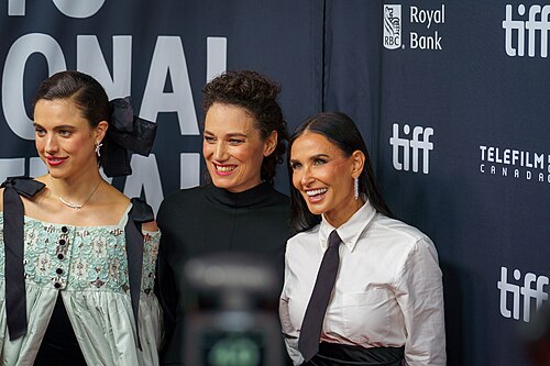Demi Moore, Margaret Qualley, and Coralie Fargeat at the 2024 Toronto International Film Festival (TIFF) in Toronto, Canada