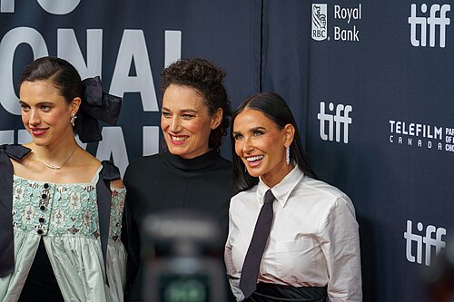 Demi Moore, Margaret Qualley, and Coralie Fargeat at the 2024 Toronto International Film Festival (TIFF) in Toronto, Canada