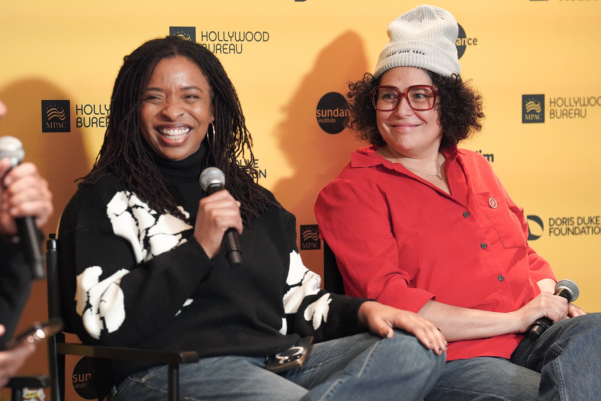 Desha Dauchan and Amber Fares speaking on Intersectional Muslim Stories panel at Muslim House, Sundance, Park City UT. Jan 26, 2026