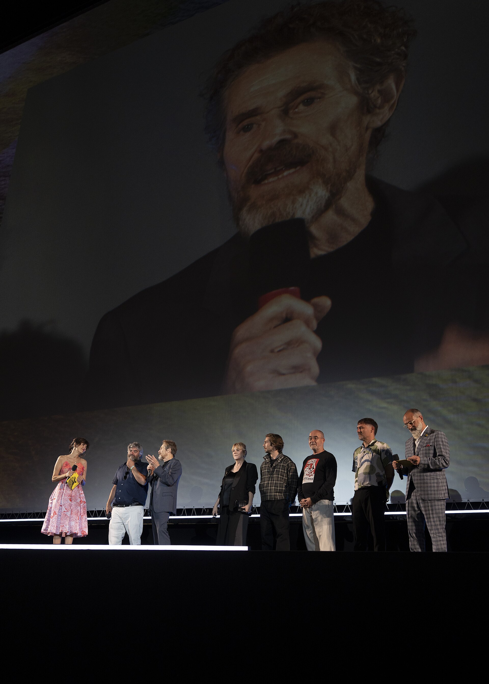 Director Miguel Ángel Jiménez, actor Willem Dafoe and actress Emma Suárez onstage at 78th Locarno Film Festival for The Birthday Party