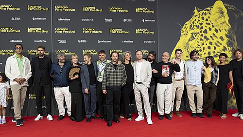 Director Miguel Ángel Jiménez, cast and crew at 78th Locarno Film Festival red carpet for The Birthday Party