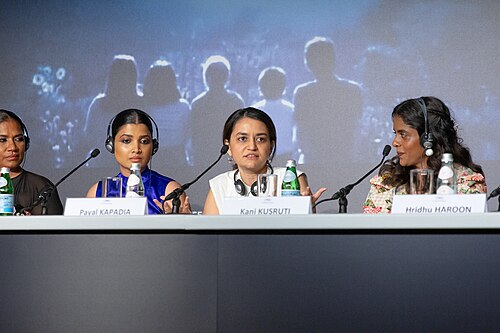 From left to right: Actresses Chhaya Kadam, Divya Prabha, director Payal Kapadia, actress Kani Kusruti at All We Imagine As Light Press Conference at 2024 Cannes Film Festival