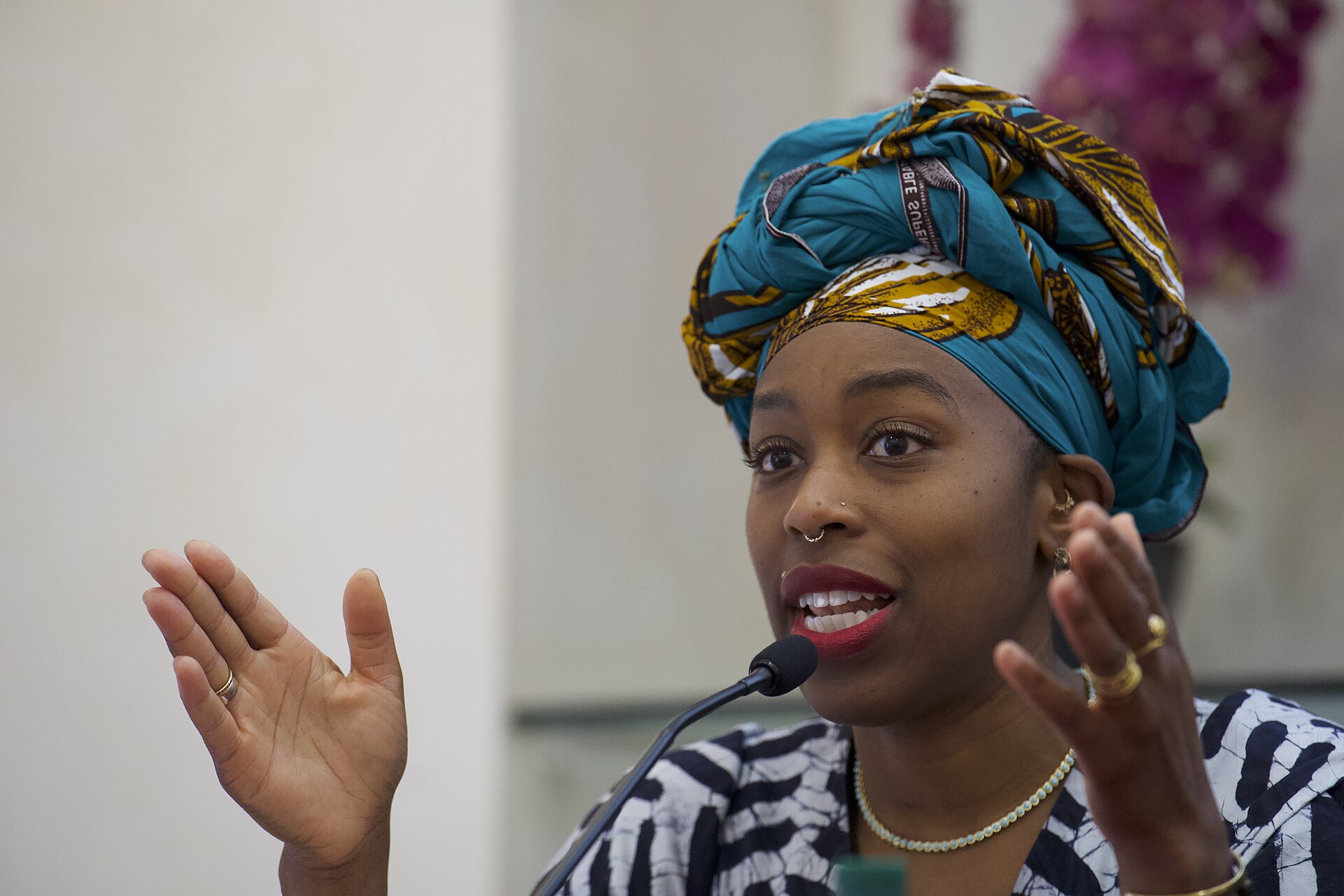 Ebele Okobi, CEO of The New Humanitarian, which reports on global humanitarian crises, speaking at the International Journalism Festival 2024 In Perugia Italy as part of a panel called Decolonizing Journalism—Africa: exploring new news (why news doesn’t have to be bad)