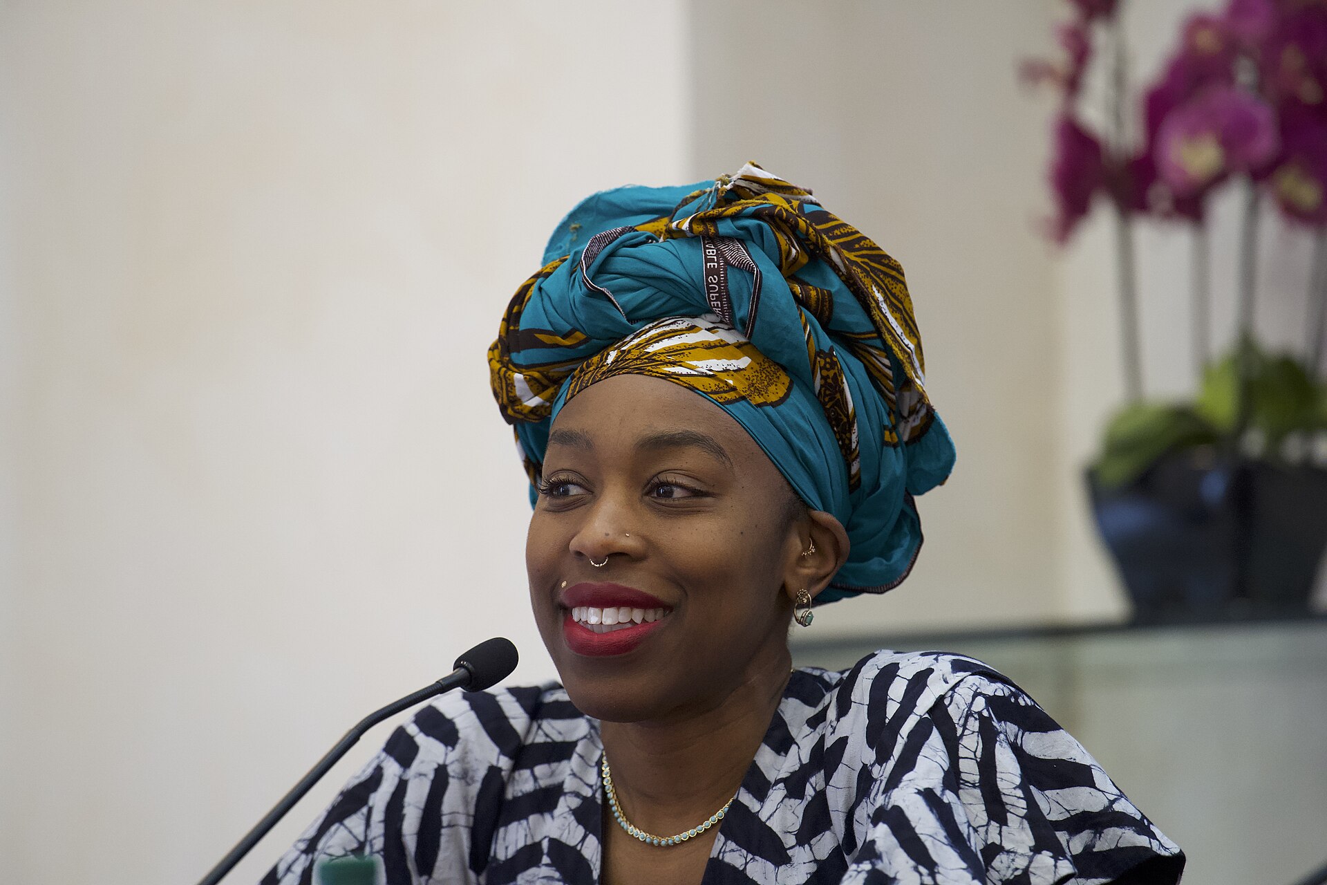 Ebele Okobi, CEO of The New Humanitarian, which reports on global humanitarian crises, speaking at the International Journalism Festival 2024 In Perugia Italy as part of a panel called Decolonizing Journalism—Africa: exploring new news (why news doesn’t have to be bad).