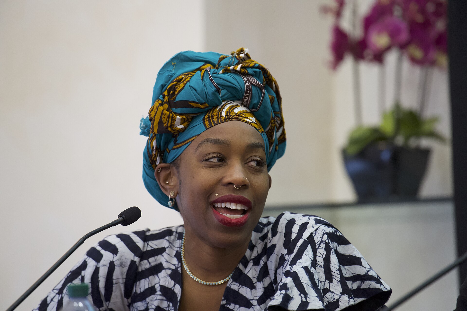 Ebele Okobi, CEO of The New Humanitarian, which reports on global humanitarian crises, speaking at the International Journalism Festival 2024 In Perugia Italy as part of a panel called Decolonizing Journalism—Africa: exploring new news (why news doesn’t have to be bad)