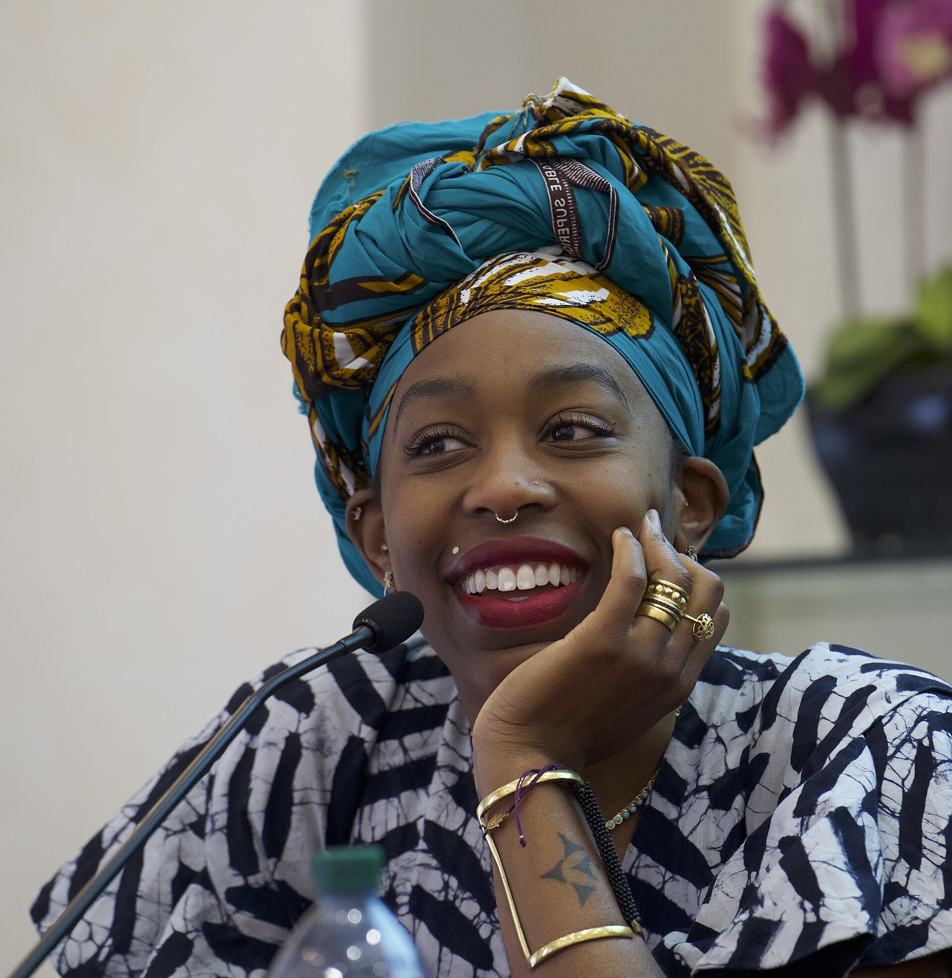 Ebele Okobi, CEO of The New Humanitarian, which reports on global humanitarian crises, speaking at the International Journalism Festival 2024 In Perugia Italy as part of a panel called Decolonizing Journalism—Africa: exploring new news (why news doesn’t have to be bad)