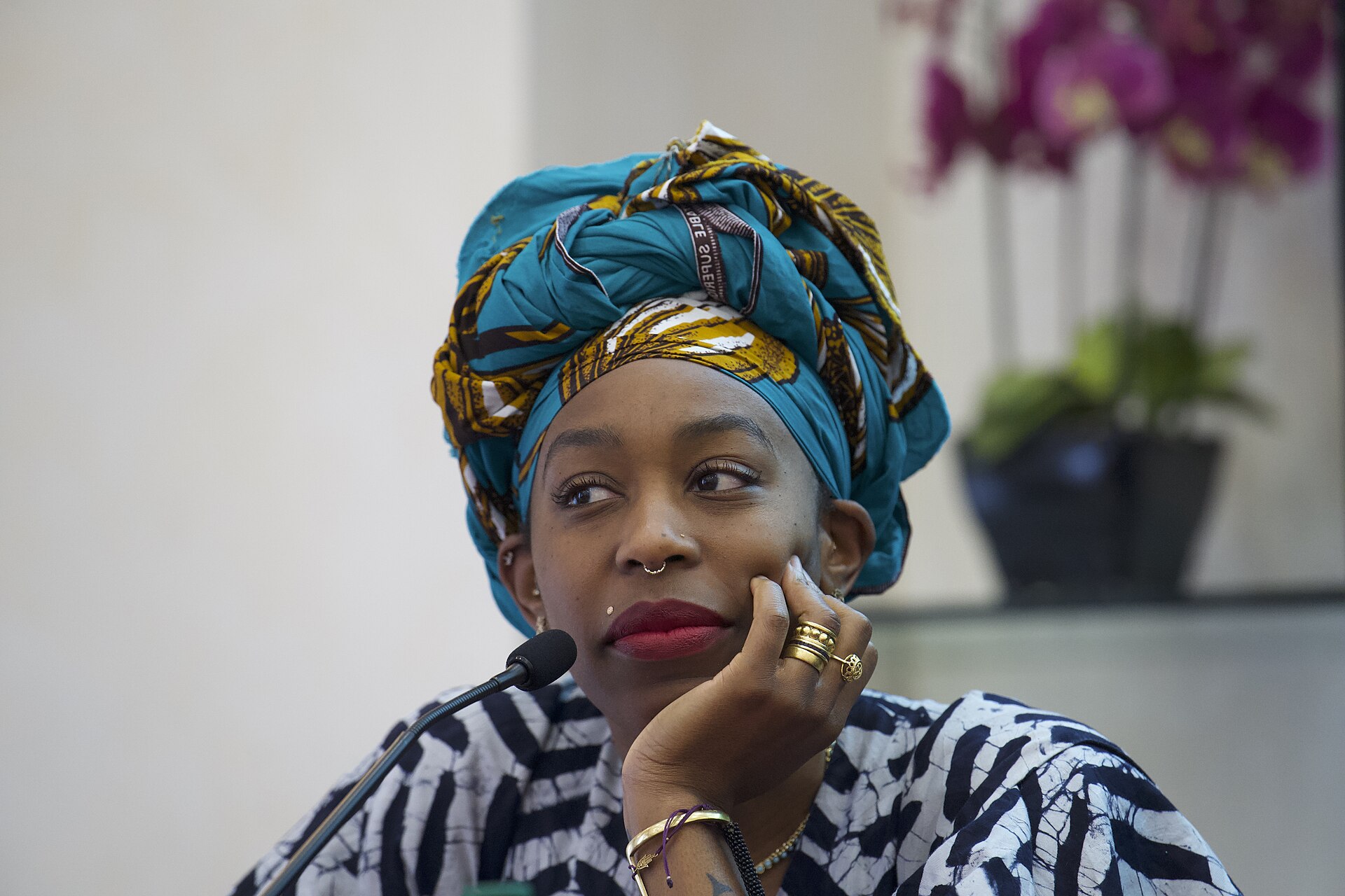 Ebele Okobi, CEO of The New Humanitarian, which reports on global humanitarian crises, speaking at the International Journalism Festival 2024 In Perugia Italy as part of a panel called Decolonizing Journalism—Africa: exploring new news (why news doesn’t have to be bad)