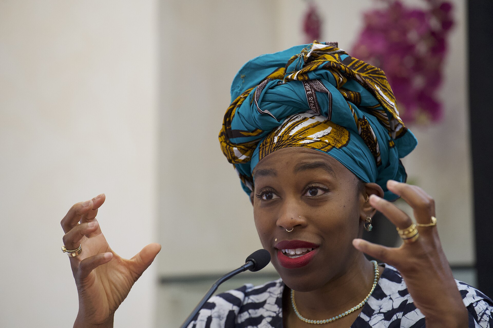 Ebele Okobi, CEO of The New Humanitarian, which reports on global humanitarian crises, speaking at the International Journalism Festival 2024 In Perugia Italy as part of a panel called Decolonizing Journalism—Africa: exploring new news (why news doesn’t have to be bad)