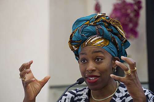 Ebele Okobi, CEO of The New Humanitarian, which reports on global humanitarian crises, speaking at the International Journalism Festival 2024 In Perugia Italy as part of a panel called Decolonizing Journalism—Africa: exploring new news (why news doesn’t have to be bad)