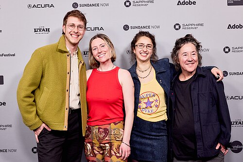 Elijah Stevens, Brydie O'Connor, Claire Edelman, and Christine Vachon at the 2026 Sundance Film Festival for Barbara Forever