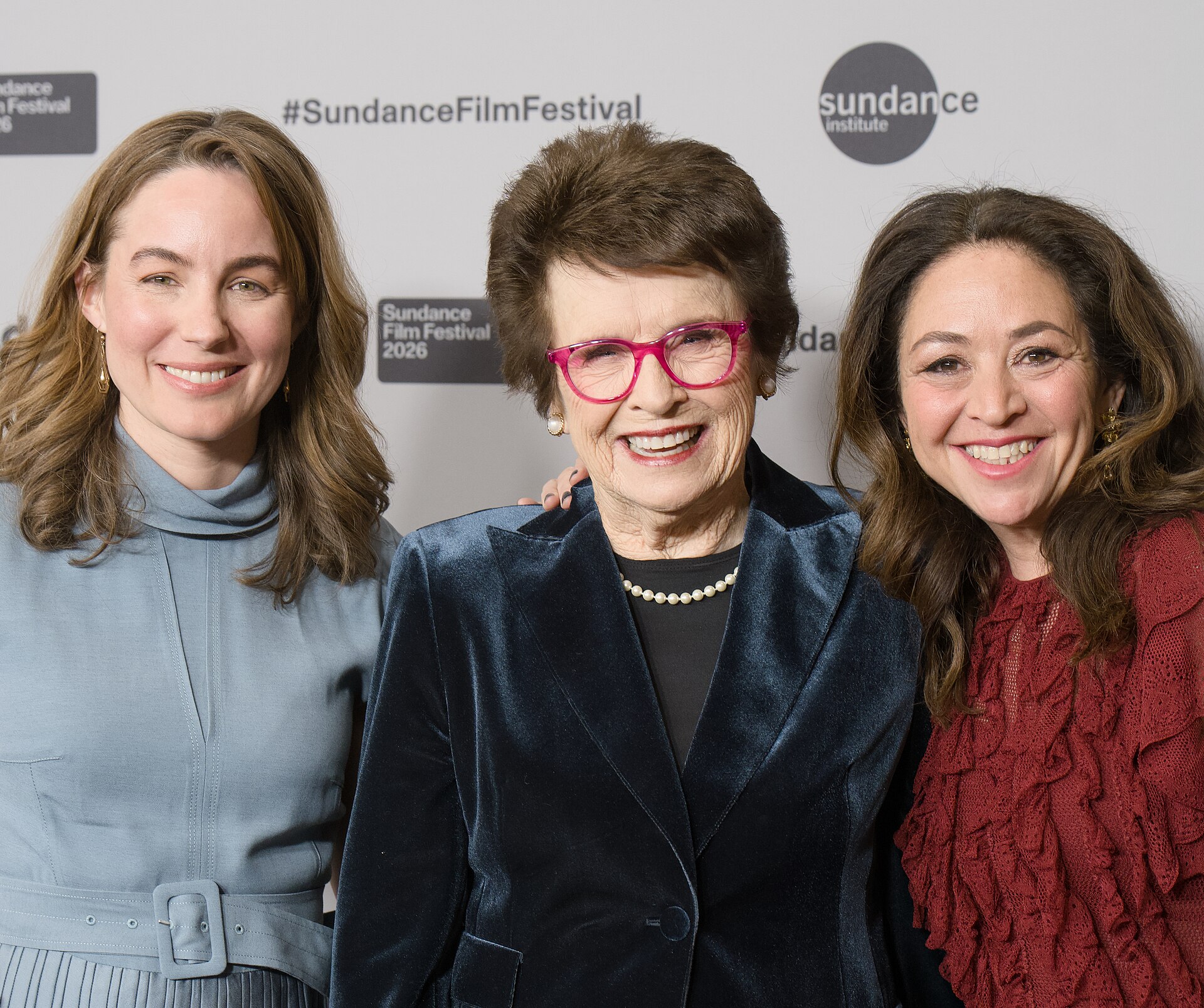 Elizabeth Wolff, Billie Jean King, and Ilana Kloss at the 2026 2026 Sundance Film Festival for the movie Give Me The Ball!.