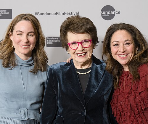 Elizabeth Wolff, Billie Jean King, and Ilana Kloss at the 2026 2026 Sundance Film Festival for the movie Give Me The Ball!.