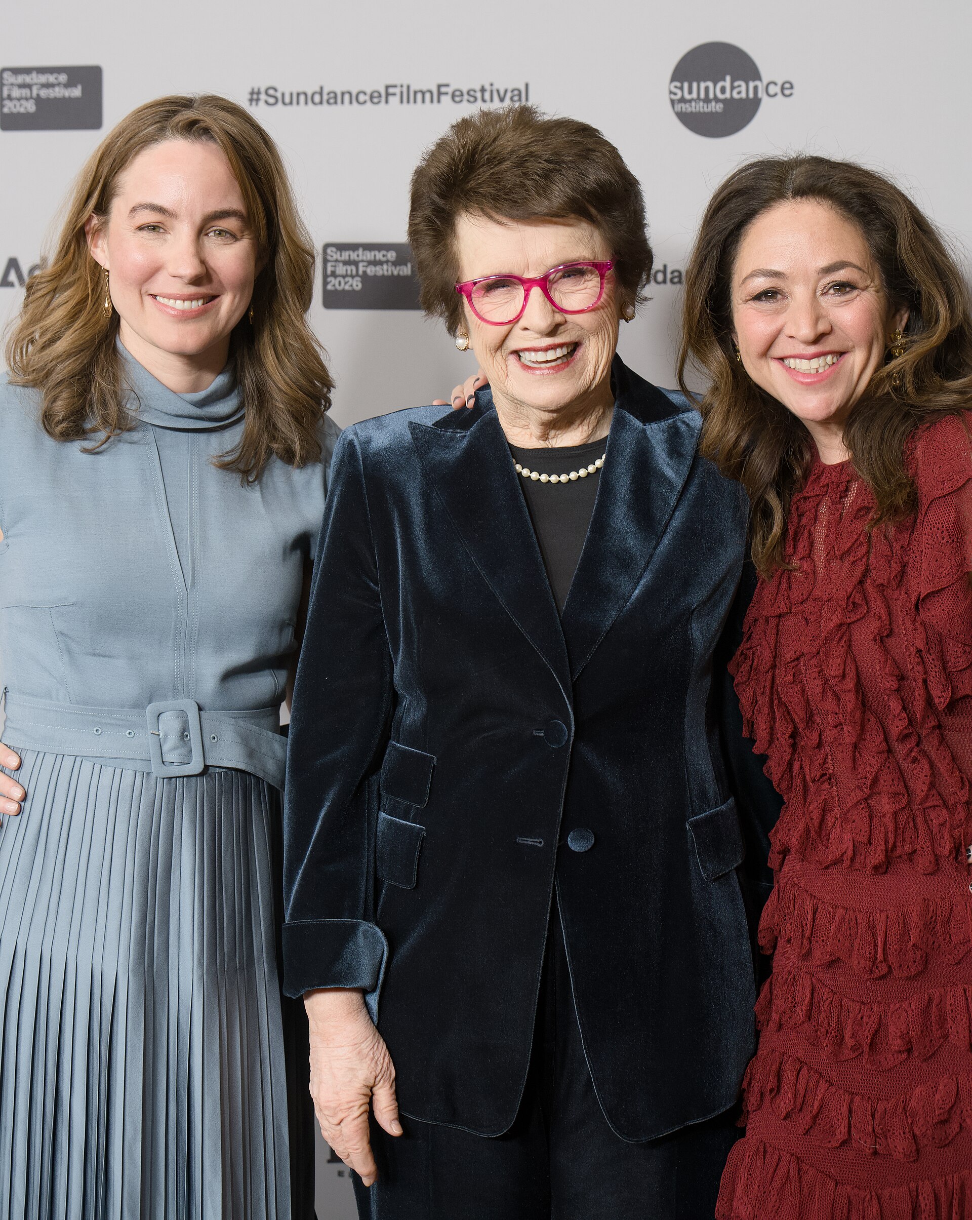 Elizabeth Wolff, Billie Jean King, and Ilana Kloss at the 2026 2026 Sundance Film Festival for the movie Give Me The Ball!.