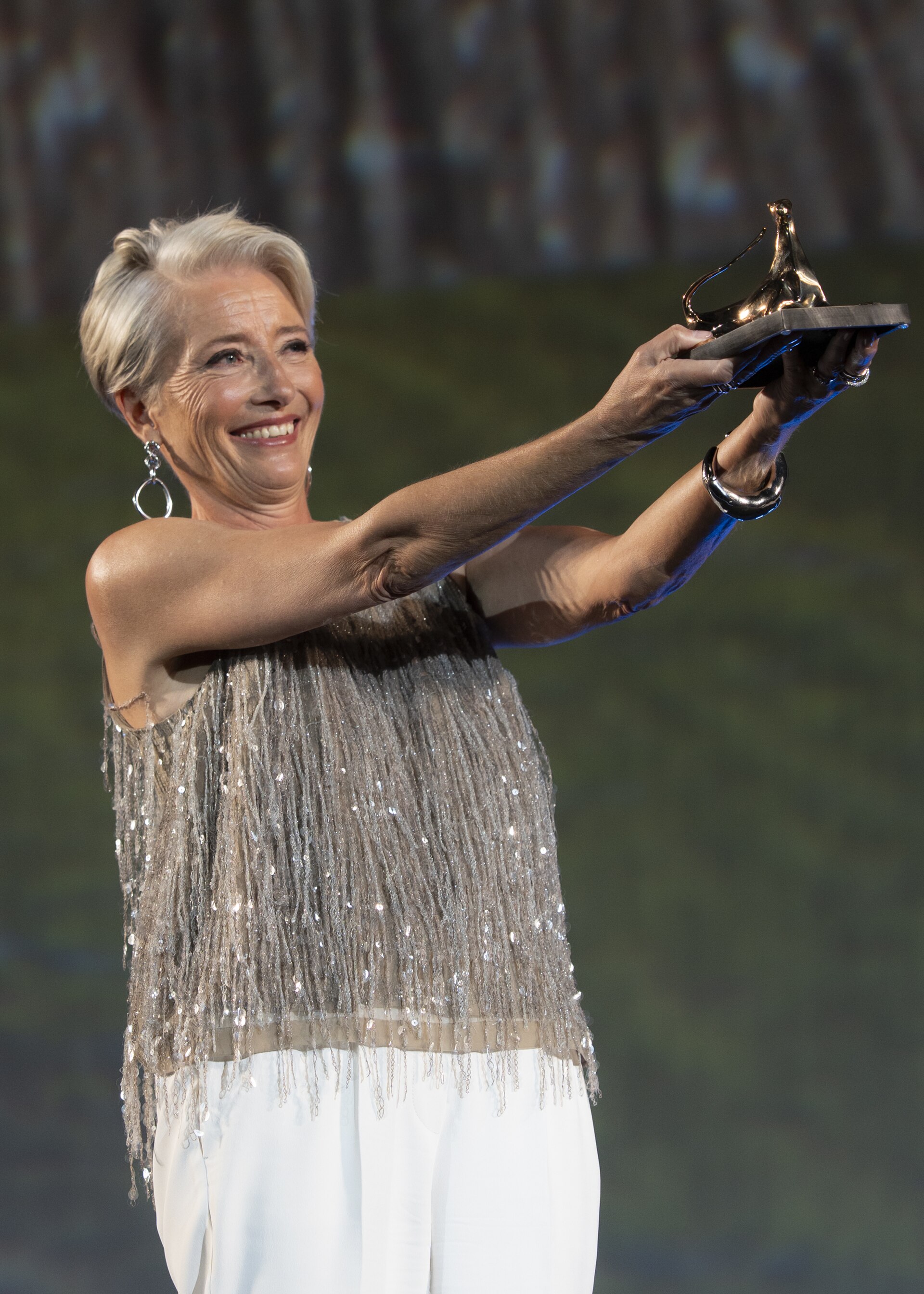 Emma Thompson onstage to receive the Leopard Club Award at the 78th Locarno Film Festival