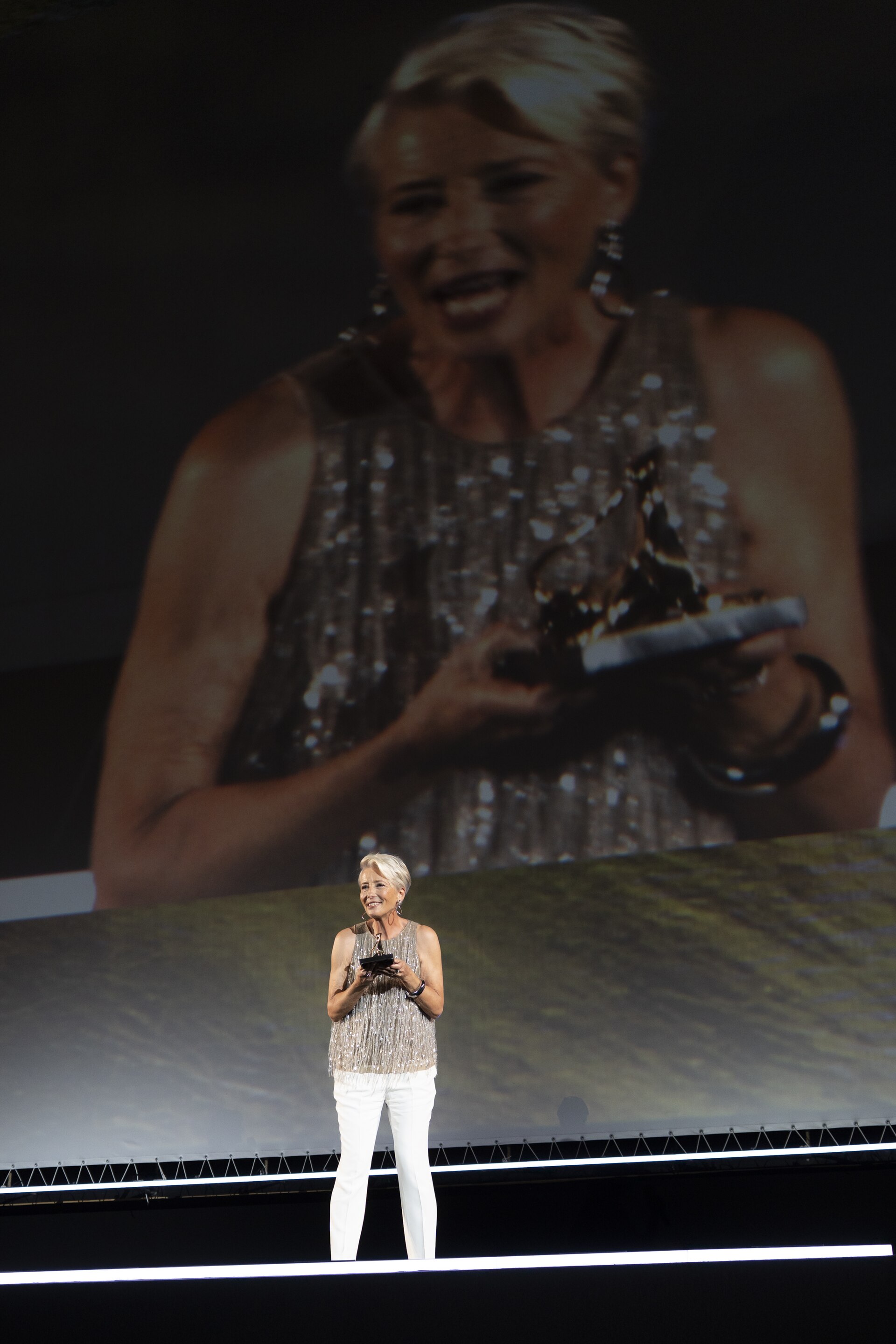 Emma Thompson onstage to receive the Leopard Club Award at the 78th Locarno Film Festival