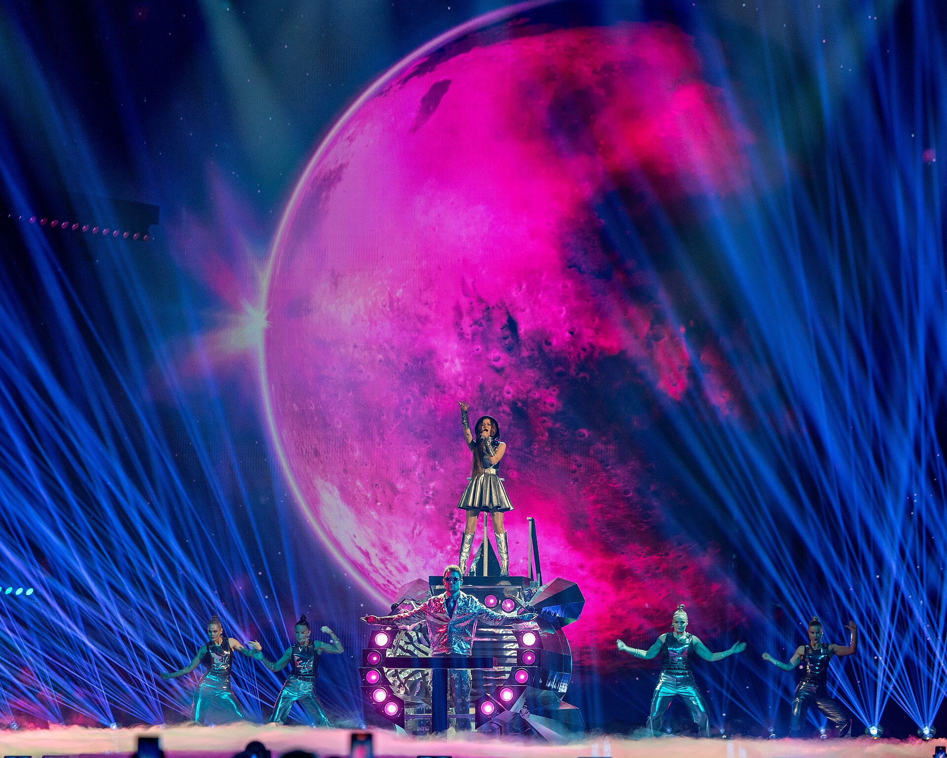 Emmy, representing Ireland, performing at Eurovision 2025 in Basel, Switzerland.