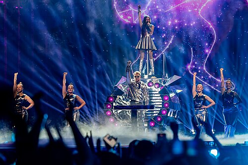 Emmy, representing Ireland, performing at Eurovision 2025 in Basel, Switzerland.