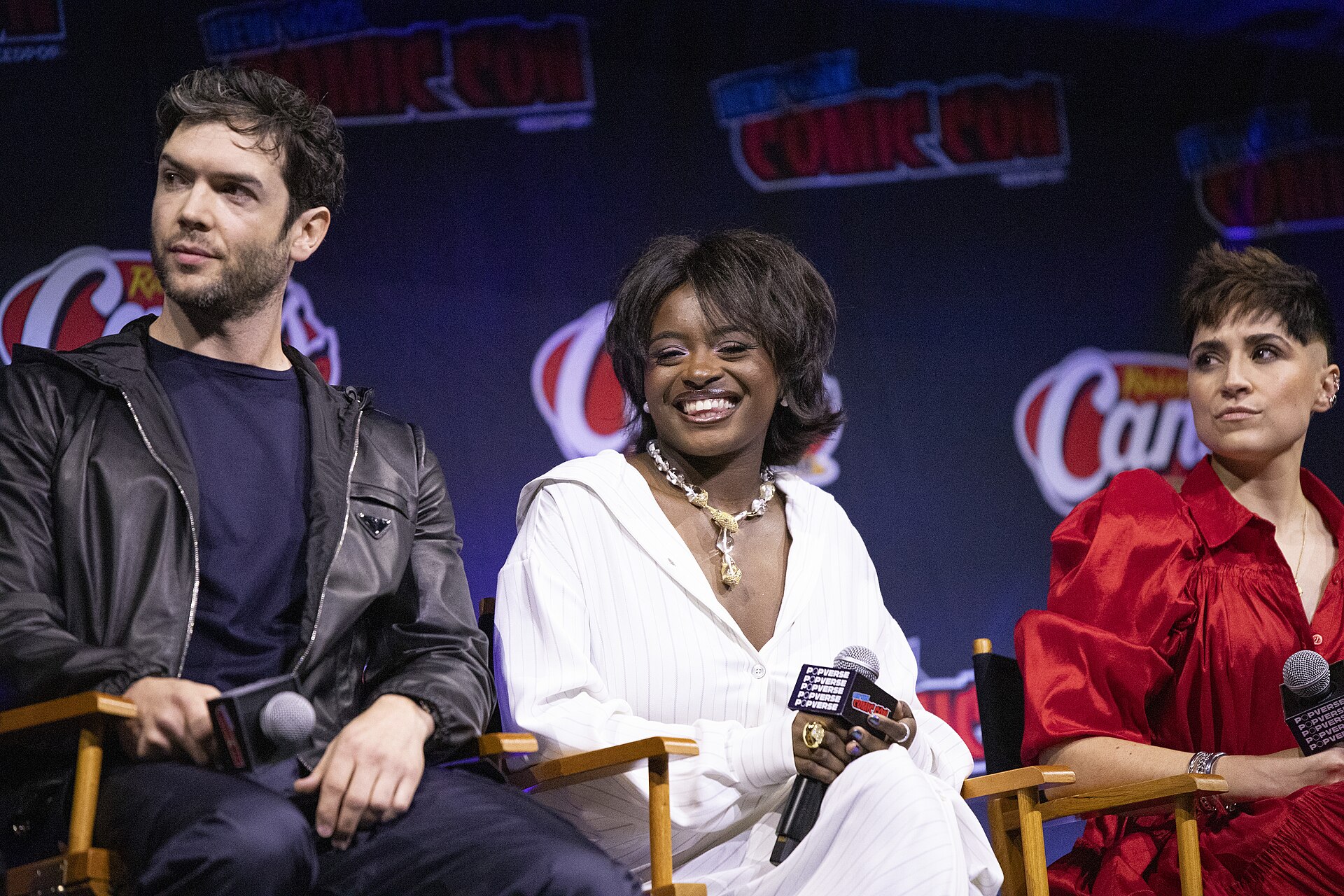 Ethan Peck, Celia Rose Gooding, and Melissa Navia at the 2025 NYCC Star Trek: Strange New Worlds Panel.
