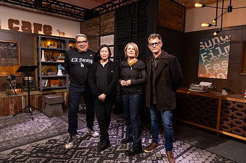Eugene Hernandez, Kim Yutani, Amanda Kelso, and John Nein at the opening press gathering for Sundance 2025.