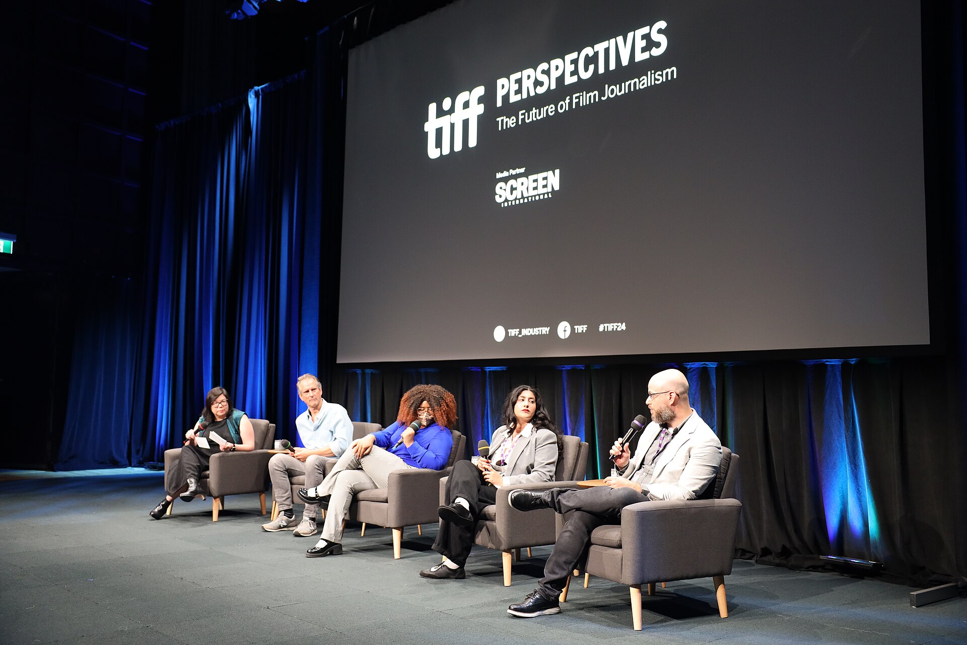 Judy Lung, Jeremy Kay, Jourdain Searles, Saffron Maeve, Barry Hertz  at the 2024 Toronto International Film Festival panel, The Future of Film Journalism.