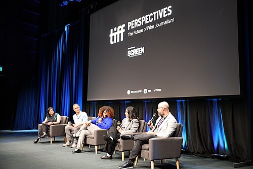 Judy Lung, Jeremy Kay, Jourdain Searles, Saffron Maeve, Barry Hertz  at the 2024 Toronto International Film Festival panel, The Future of Film Journalism.