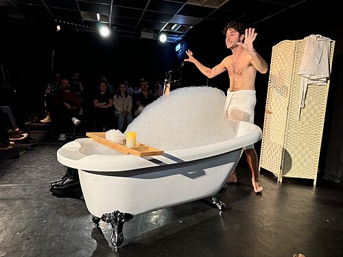 Forest Malley starrting in Galahad Takes a Bath, a satirucal play, at 2024 Edinburgh Festival Fringe.