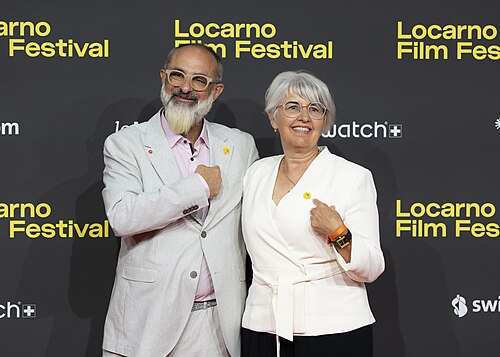 Artistic Director Giona A. Nazzaro and Swiss Minister Elisabeth Baume-Schneider at the 78th Locarno Film Festival red carpet