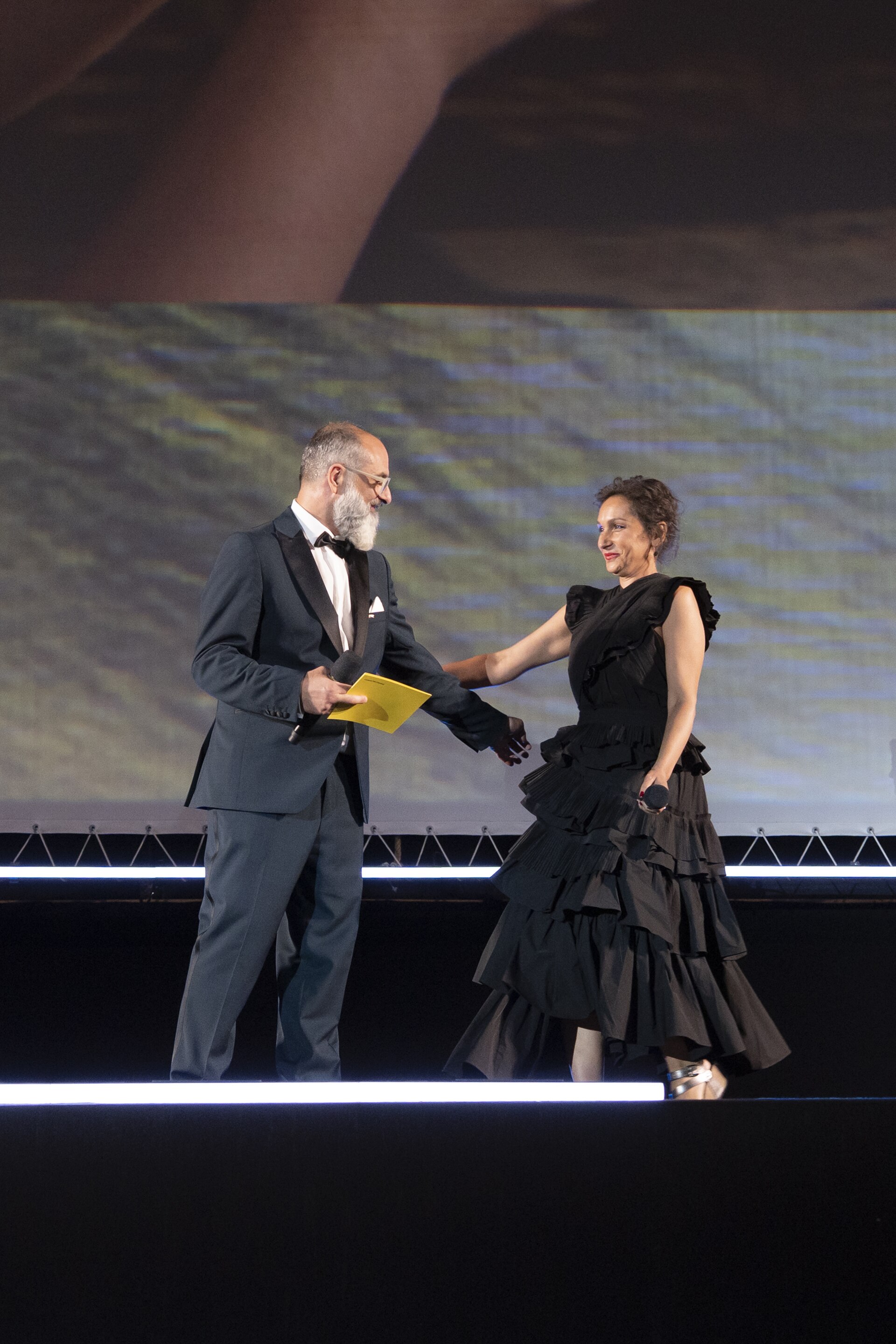 Giona A. Nazzaro and Tamara Stepanyan on the Piazza Grande stage at the 78th Locarno Film Festival