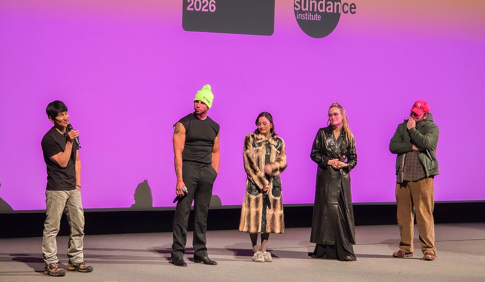 Gregg Araki, Mason Gooding, Chase Sui Wonders, Olivia Wilde and Cooper Hoffman at the I Want Your Sex premiere during the 2026 Sundance Film Fest