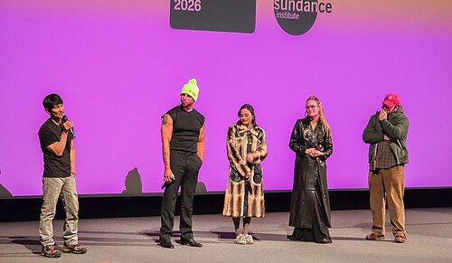 Gregg Araki, Mason Gooding, Chase Sui Wonders, Olivia Wilde and Cooper Hoffman at the I Want Your Sex premiere during the 2026 Sundance Film Fest