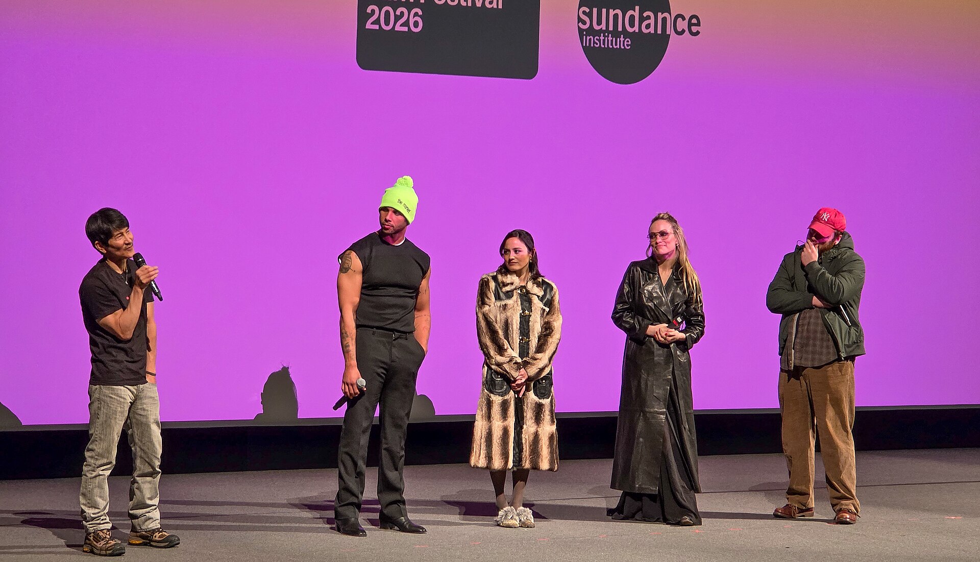 Gregg Araki, Mason Gooding, Chase Sui Wonders, Olivia Wilde and Cooper Hoffman at the I Want Your Sex premiere during the 2026 Sundance Film Festival