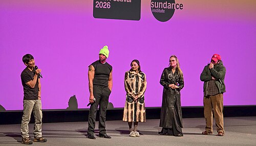 Gregg Araki, Mason Gooding, Chase Sui Wonders, Olivia Wilde and Cooper Hoffman at the I Want Your Sex premiere during the 2026 Sundance Film Festival