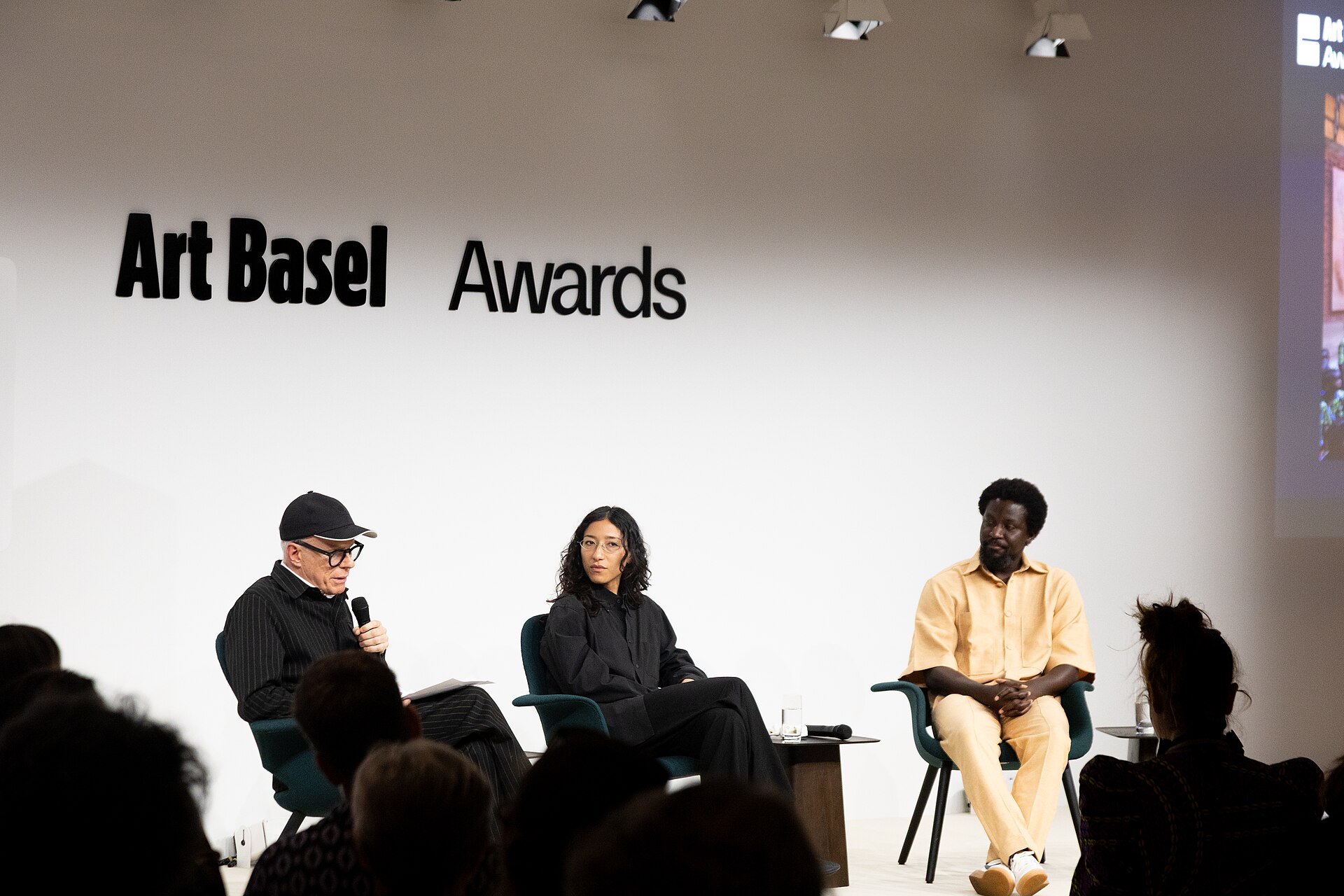 Hans Ulrich Obrist, Lydia Ourahmane, and Ibrahim Mahama at the Art Basel international art fair in Basel, Switzerland in June 2025.