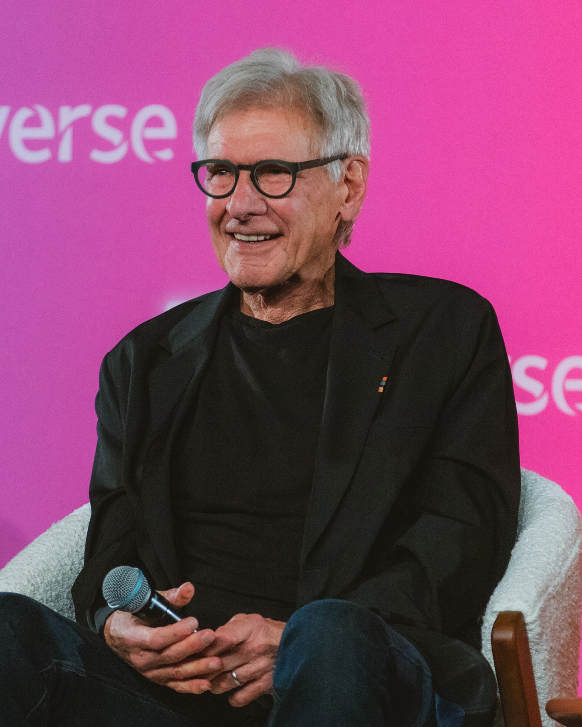 Harrison Ford speaking during an FYC panel for Shrinking at Televerse 2025 in Los Angeles, California.