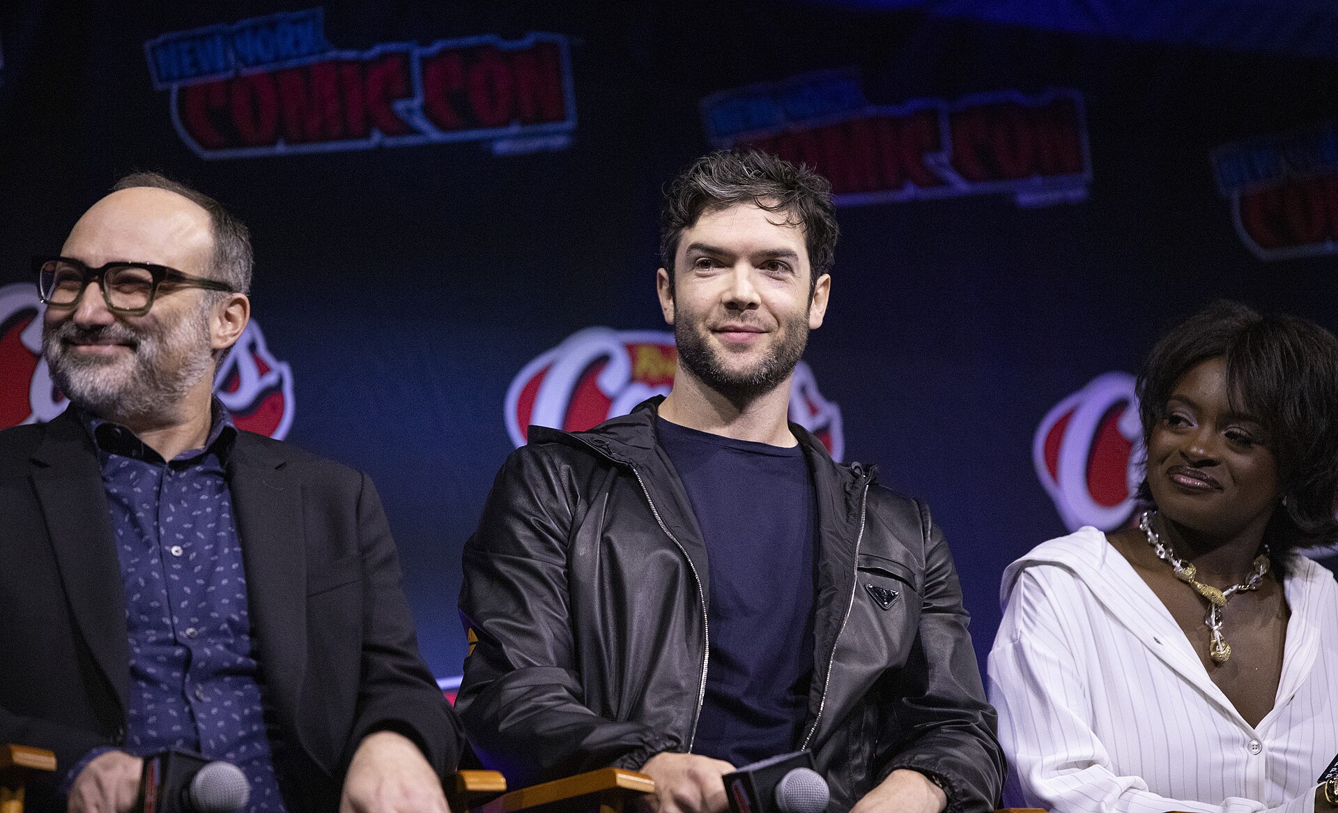Henry Alonso Myers, Ethan Peck, and Celia Rose Gooding at the 2025 NYCC Star Trek: Strange New Worlds Panel.