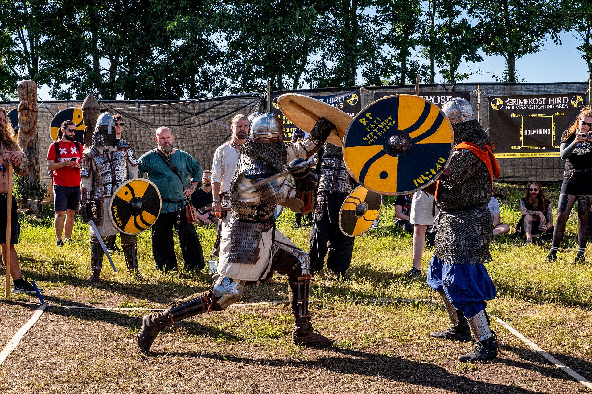 Members of Swedish Grimfrost demonstrating holmgang fights at Midgardsblot festival, Norway, 2023