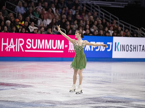 Isabeau Levito, American figure skater, at the 2025 World Figure Skating Championships at TD Garden in Boston, Massachusetts.