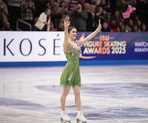 Isabeau Levito, American figure skater, at the 2025 World Figure Skating Championships at TD Garden in Boston, Massachusetts.